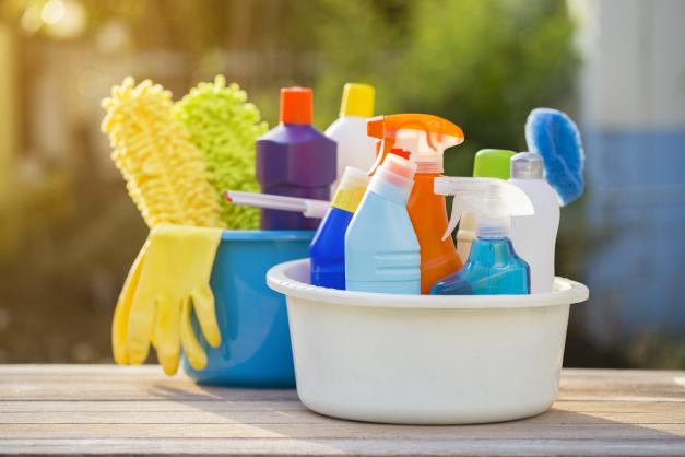 Baskets of cleaning products